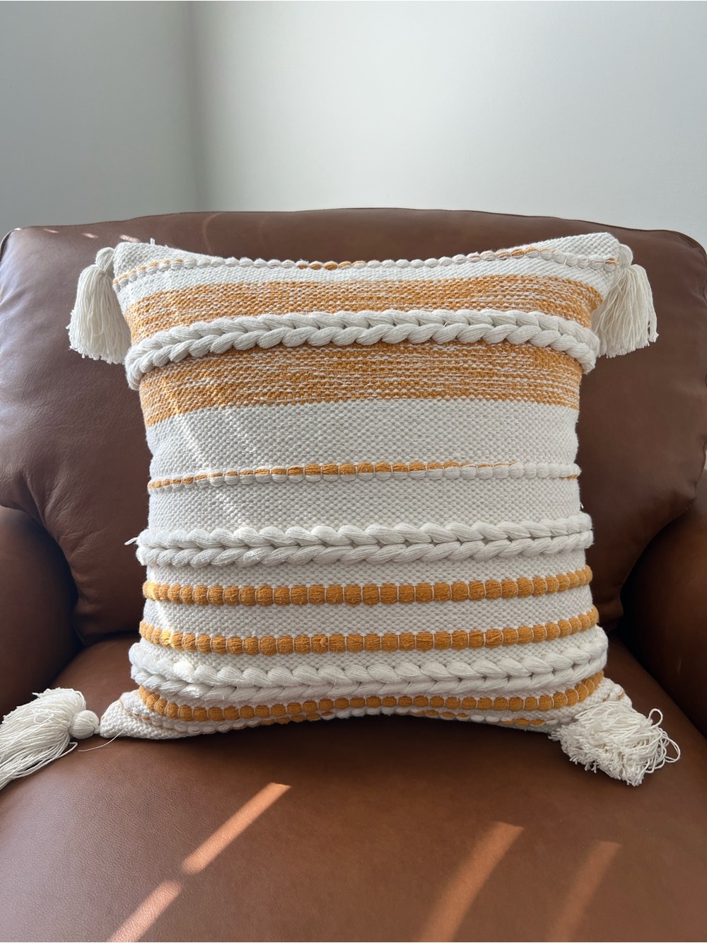 Woven Tassel Throw Pillow Cover in White and Mustard
